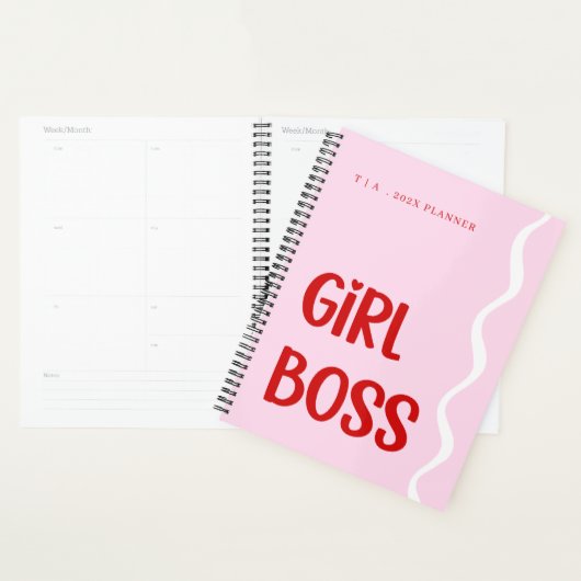 Schattige meisjesbaas Roze en Rode Monogram Jaar Planner (Display)