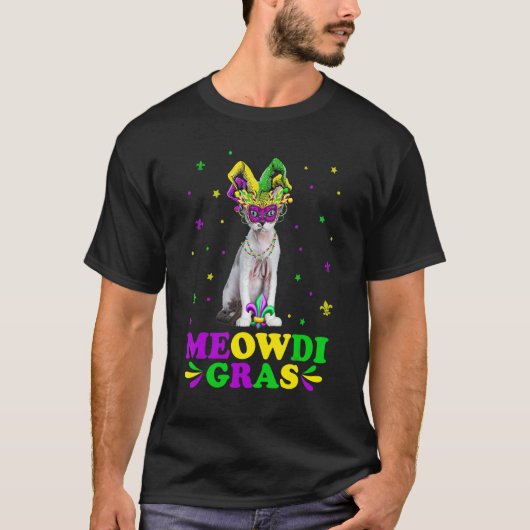 Schattige Meowdi Gras Devon Rex Kat Carnaval Maske T-shirt (Voorkant)