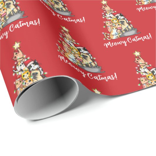 Schattige Meowy Catmas Katten Kerstboom Rood Cadeaupapier (Rol Hoek)