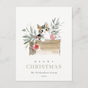 Schattige Meowy Kerstmis Box Kat Bedrijfslogo Feestdagenkaart
