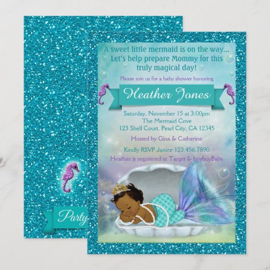 Schattige Mermaid Baby Shower Uitnodigingen #135 D (Voorkant / Achterkant)