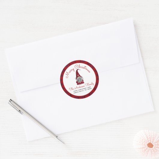 Schattige Merry Christmas Plaid Gnome Retouradres  Ronde Sticker (Envelop)