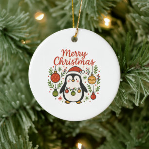 Schattige met de hand getekende kerstmuts pinguïn keramisch ornament