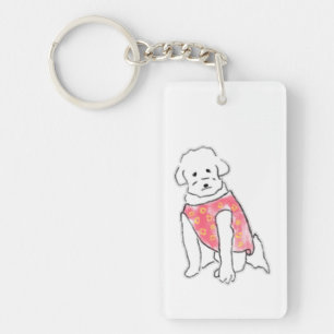 Schattige met de hand getekende pluizige witte hon sleutelhanger