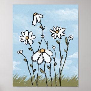 Schattige met de hand getekende witte madeliefjes poster