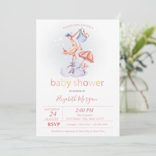 Schattige met ooievaar bezaaid Baby shower Kaart (Staand voorkant)