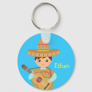 Schattige Mexicaanse jongen met hoed en gitaar op  Sleutelhanger