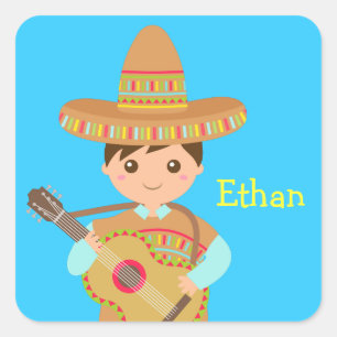 Schattige Mexicaanse jongen met hoed en gitaar op  Vierkante Sticker