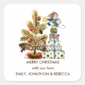 Schattige Mice Kerstboom Naam Vrolijk Kerstfeest Vierkante Sticker (Voorkant)