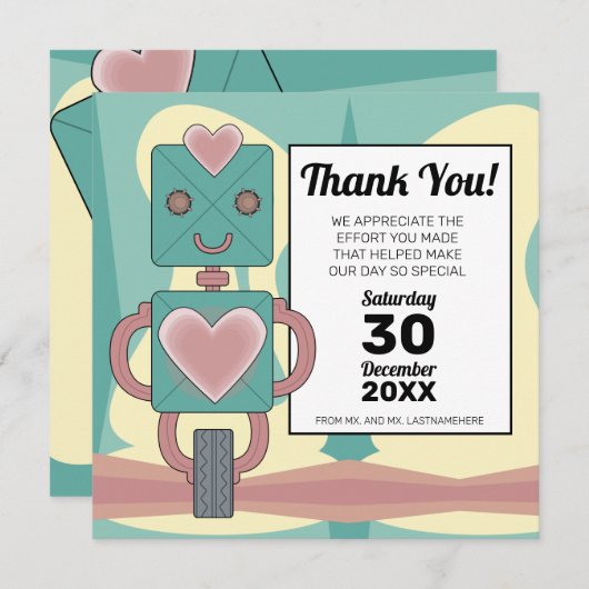 Schattige mid-century modern robot kind verjaardag bedankkaart (Voorkant / Achterkant)