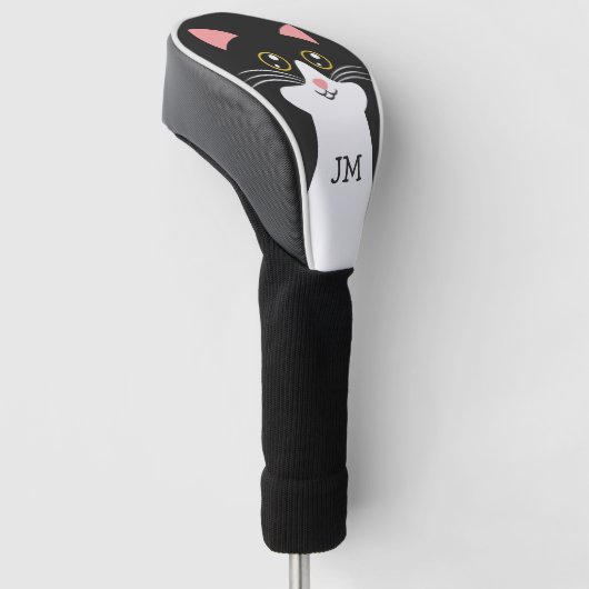 Schattige Mid Century zwart kattenportret Golfheadcover (Schuin)