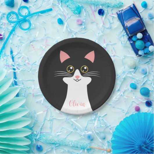 Schattige Mid Century zwart kattenportret Papieren Bordje (Feest)