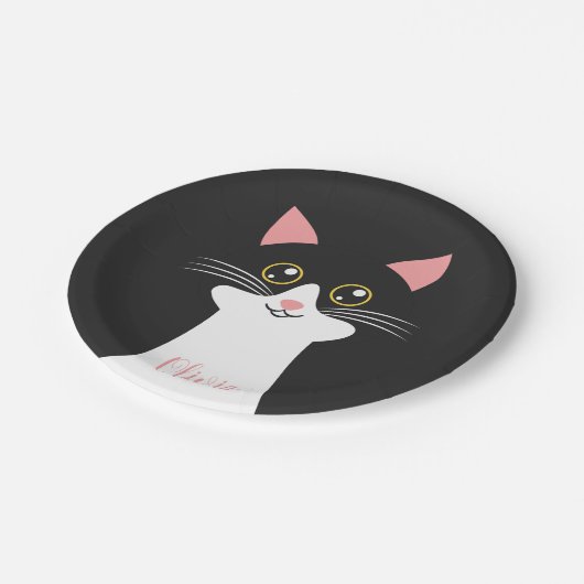 Schattige Mid Century zwart kattenportret Papieren Bordje (Gekanteld)