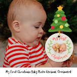 Schattige Mijn Eerste Kerstmis Baby Foto Keramisch Ornament<br><div class="desc">Schattig Mijn Eerste Kerstmis 1 foto baby modern design—met ruimte voor de naam en het jaar. Kerstkous en krans. Feestelijke kerstkleuren: pastelgroen en rood. Typografie van handschrift.</div>