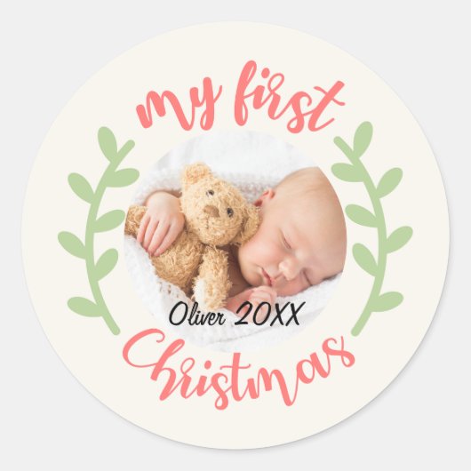 Schattige Mijn Eerste Kerstmis Baby Foto Ronde Sticker (Voorkant)