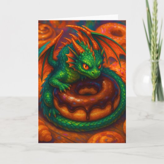 Schattige Mini Groene Draak & Donut Fantasy Kunst Kaart (Voorkant)