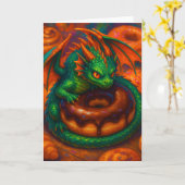 Schattige Mini Groene Draak & Donut Fantasy Kunst Kaart (Gele Bloem)