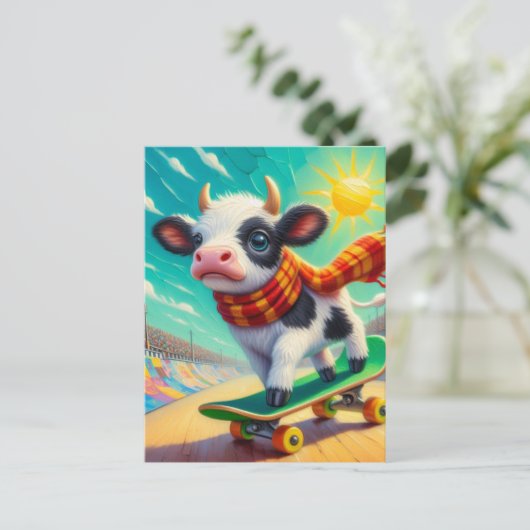 Schattige Mini Koe Skateboarden Briefkaart (Staand voorkant)