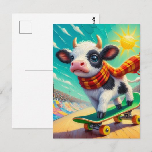 Schattige Mini Koe Skateboarden Briefkaart (Voorkant / Achterkant)