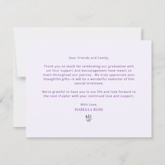 Schattige Minimaal Elegant Paarse Bloemen Afstuder Bedankkaart (Achterkant)