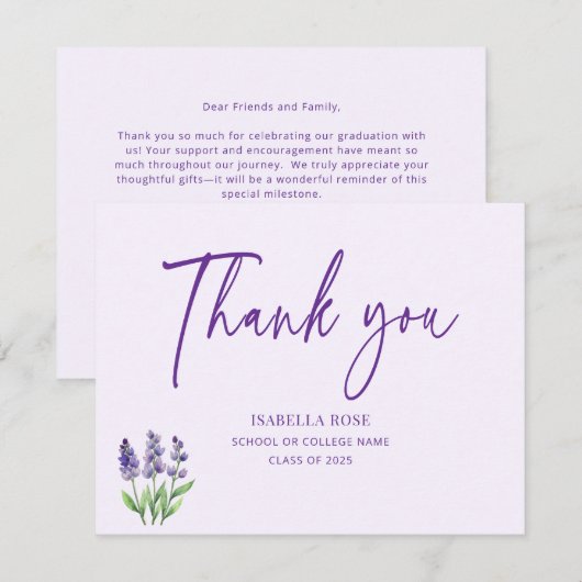 Schattige Minimaal Elegant Paarse Bloemen Afstuder Bedankkaart (Voorkant / Achterkant)