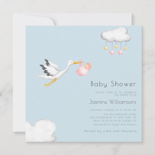 Schattige minimal ooievaar girly baby shower kaart (Voorkant)