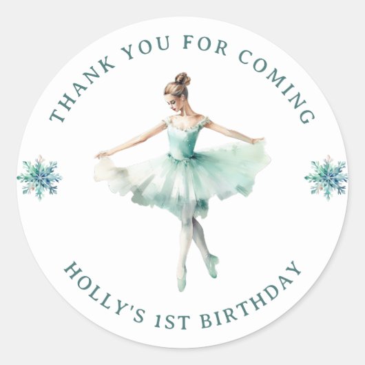 Schattige Mint Ballerina 1e Verjaardag Bedankt  Ronde Sticker (Voorkant)
