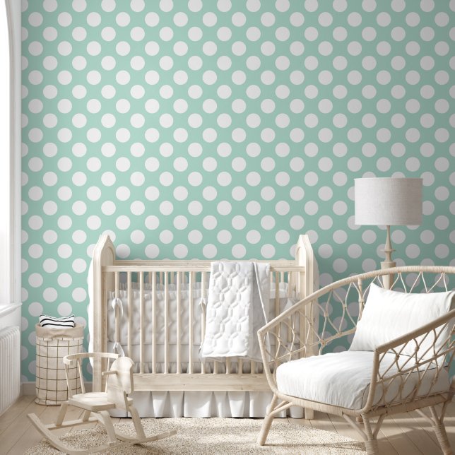 Schattige Mint Groen en Wit Polkadots Patroon Behang (Kinderen)