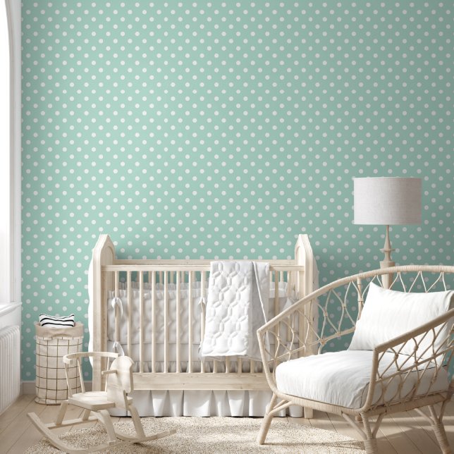 Schattige Mint Groen en Wit Polkadots Patroon Behang (Kinderen)