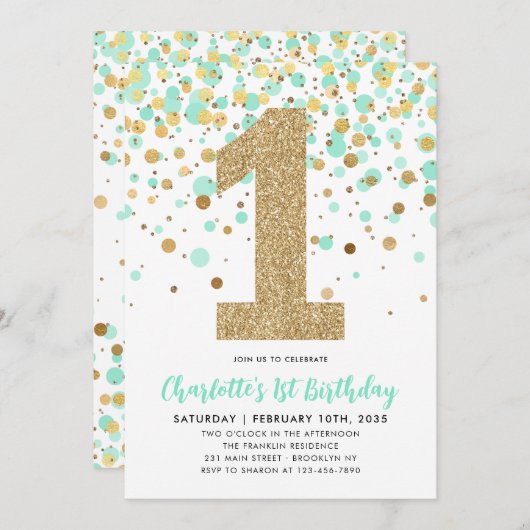 Schattige Mint Groen Goud Glitter Confetti 1e Verj Kaart (Voorkant / Achterkant)