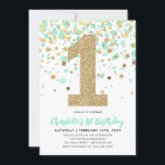 Schattige Mint Groen Goud Glitter Confetti 1e Verj Kaart<br><div class="desc">Een schattige en leuke Mint Green Gold Glitter Sparkle Confetti Verjaardagsfeestje Uitnodiging</div>