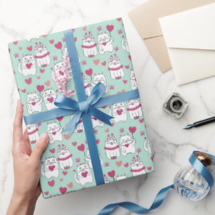 Schattige Mint Groen Valentijnsdag Kat Verpakkings Cadeaupapier
