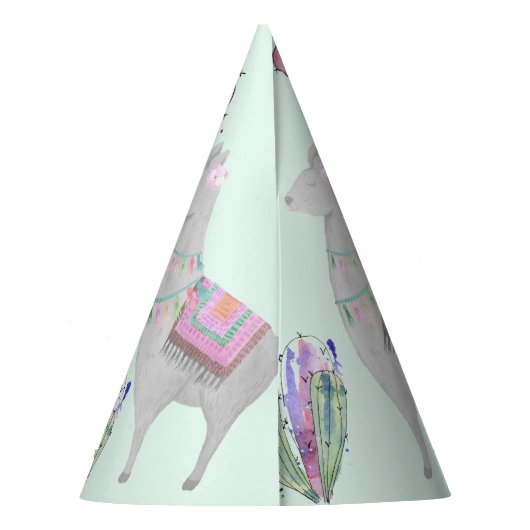 Schattige Mint Pink Llama en Cactus Waterverf Patt Feesthoedjes (Achterkant)