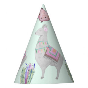 Schattige Mint Pink Llama en Cactus Waterverf Patt Feesthoedjes