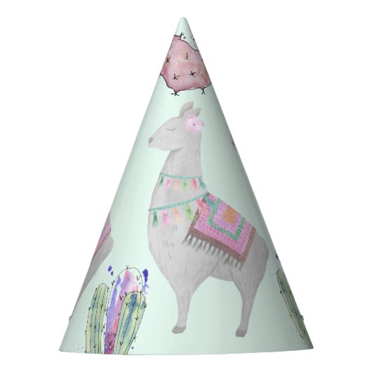 Schattige Mint Pink Llama en Cactus Waterverf Patt Feesthoedjes (Voorkant)