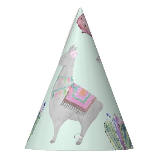 Schattige Mint Pink Llama en Cactus Waterverf Patt Feesthoedjes (Links)