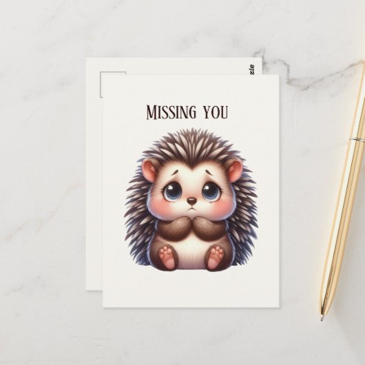 Schattige Missing You Hedgehog Briefkaart (Voorkant / Achterkant in situ)
