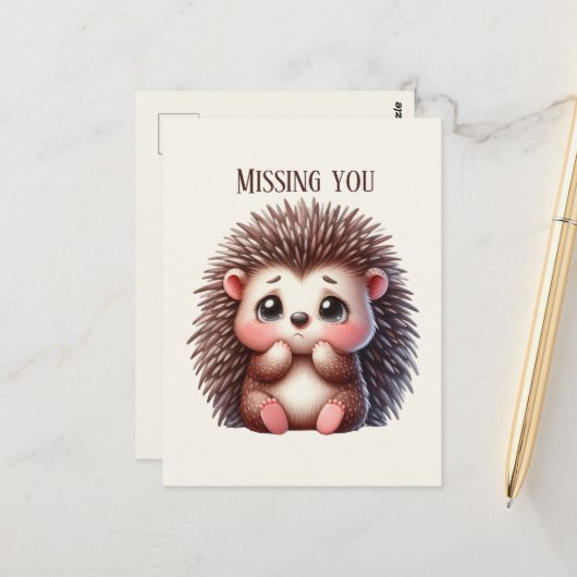 Schattige Missing You Hedgehog Briefkaart (Voorkant / Achterkant in situ)