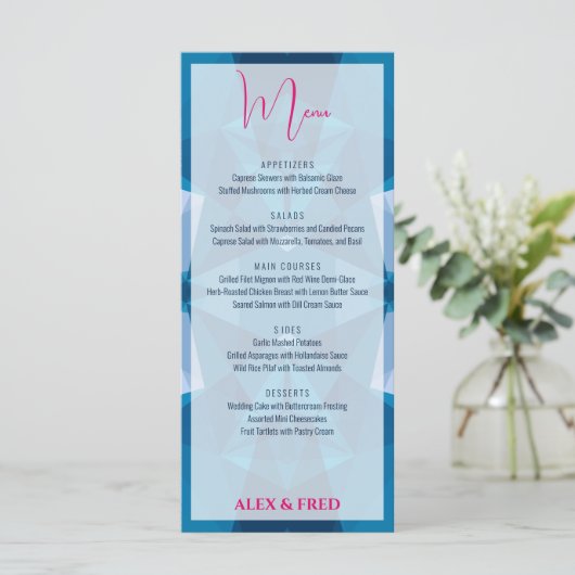 Schattige Modern Blauw Bruiloft Menu (Staand voorkant)