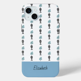 Schattige, modern, blauw en geel bloemenpatroon iPhone 15 mini hoesje