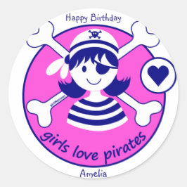 Schattige Modern Bright Pink Girl Pirate Ronde Sticker