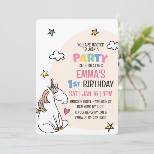 Schattige Modern Eenhoorn en Sterren Kind Verjaard Kaart (Staand voorkant)