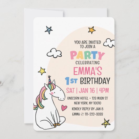 Schattige Modern Eenhoorn en Sterren Kind Verjaard Kaart (Voorkant)