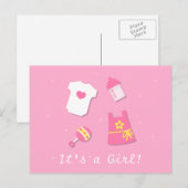 Schattige Modern Het is een meisje Baby Girl Pink Aankondigingskaart (Voorkant / Achterkant)