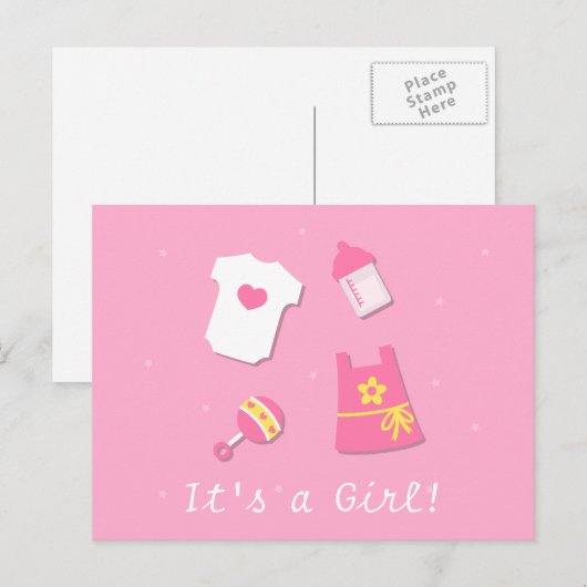 Schattige Modern Het is een meisje Baby Girl Pink Aankondigingskaart (Voorkant / Achterkant)
