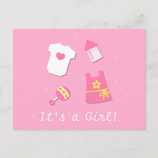 Schattige Modern Het is een meisje Baby Girl Pink Aankondigingskaart (Voorkant)