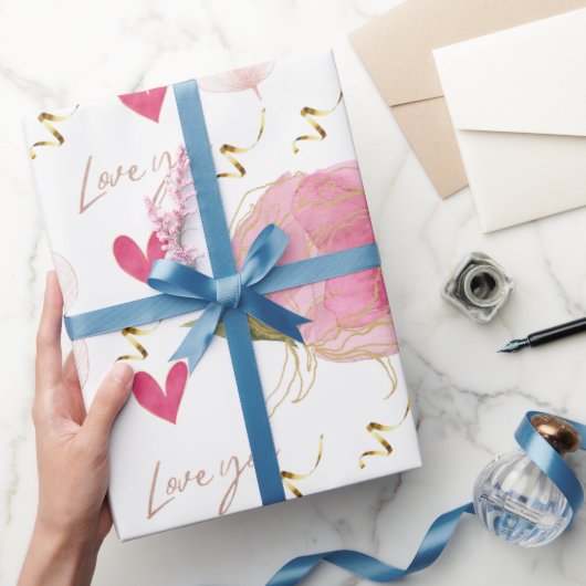 Schattige Modern Love You Bloemen Harten Wit Cadeaupapier (Geschenken)