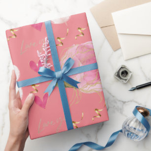 Schattige Modern Love You Bloemen Harten Zalm Roze Cadeaupapier