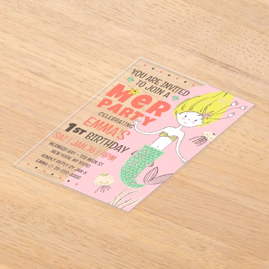 Schattige Modern Mermaid Kind verjaardagsfeestje Acryl Uitnodigingen (Laagn)