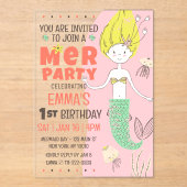 Schattige Modern Mermaid Kind verjaardagsfeestje Acryl Uitnodigingen (Voorkant)